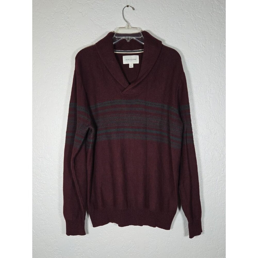 Sun + Stone Mens Maroon Gray Pullover Shawl Neck Sweater Size L Preppy